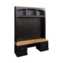 Farmhouse 4 In 1 Hall Tree With Wood Grain Bench And Top, Multifunctional Coat Rack With Hooks And Shell Handles, Mudroom Bench With Adjustable Shelves For Hallway, Living Room - Black