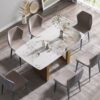 63" Artificial Stone Pandora White Curved Golden Metal Leg Dining Table, 6 People - Antique White / Gold - Image 2