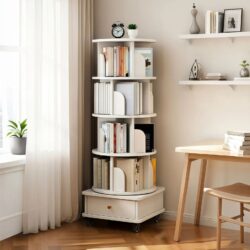 5 Tier Rotating Bookshelf With Wheels And Drawer, 360° Spinning Design, Space Saving Storage, For Home And Office - White