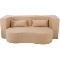 2 In 1 Convertible Sofa Bed, Full Size Folding Loveseat Couch With Soft Teddy Fabric, Floor Sofa Mattress With 2 Pillows, Space Saving Futon For Small Living Room, Dorm - Apricot