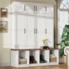 Farmhouse Hall Tree With 4 Hidden Hanging Hooks, Versatile Seating Bench With 8 Doors, Entryway Shoe Cabinet With Open Compartments For Living Room - White - Image 2