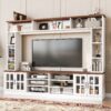 Wall Unit Entertainment Center With Bookshelves For TVs Up To 80", Modern TV Stand Media Console With Cabinets, Tempered Glass Doors And Adjustable Shelves For Living Room - White - Image 2
