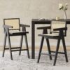 Modern Minimalist Bar Stool With Cane Seat - Black / Natural - Image 2