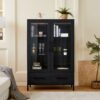 Modern Style Tall Display Cabinet With LED Lighting, Tempered Glass Door, 2 Drawers - Black - Image 4