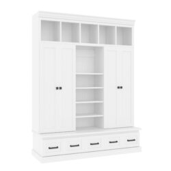 Hall Tree With Bench And 5 Storage Cubbies, Modern Entryway Storage Organizer Cabinet With 4 Doors, 5 Drawers And Adjustable Shelves For Hallway, Entryway, Living Room - White