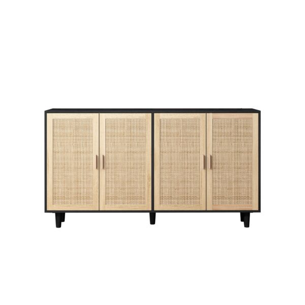 Elegant 4 Door Rattan Decorative Storage Cabinet, Functional And Stylish, 62.20" - Black