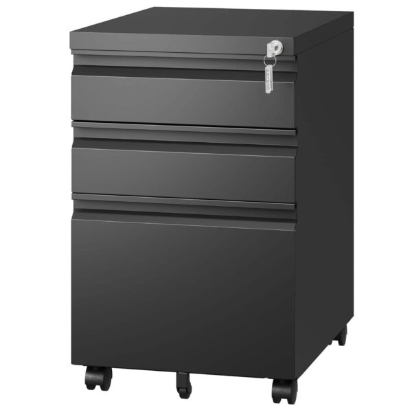 Metal 3 Drawer Mobile File Cabinet With Lock For Home Office Organizer - Black