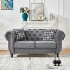Chesterfield Velvet Upholstery Fabric Sofa With Roll Armrest And Nailhead, Mid Century Modern 2 Seater Couch - Gray - Image 2