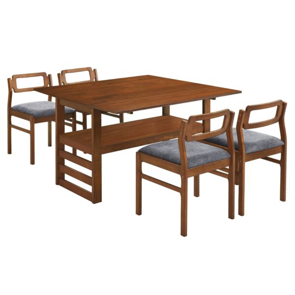 5 Piece Extendable Wood Square Dining Table Set With 2 Drop Leaves, Compact Storage Shelf Kitchen Table Set With Upholstered Chairs For 4 - Brown