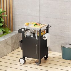 Outdoor Grill Cart With Storage, Rolling Bar Cart With Hooks And Spice Rack Stainless Steel - Black / Silver
