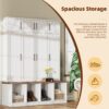 Farmhouse Hall Tree With 4 Hidden Hanging Hooks, Versatile Seating Bench With 8 Doors, Entryway Shoe Cabinet With Open Compartments For Living Room - White - Image 8