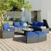 10 Piece Outdoor Sectional Half Round Patio Rattan Sofa Set, Wicker Conversation Furniture Set For Free Combination - Blue - Image 4