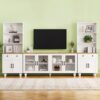 Farmhouse TV Stand With Solid Wood Gourd Shaped Legs For TVs Up To 70", Entertainment Center With Bookshelves & Tempered Glass Doors, Media Console With Adjustable Shelves, Living Room - White / Natural - Image 4