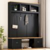 Farmhouse 4 In 1 Hall Tree With Wood Grain Bench And Top, Multifunctional Coat Rack With Hooks And Shell Handles, Mudroom Bench With Adjustable Shelves For Hallway, Living Room - Black - Image 3