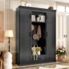 Hall Tree With Bench And 3 Hooks, Modern Entryway Storage Organizer Cabinet With 4 Doors, 1 Drawer And Adjustable Shelves For Hallway, Entryway, Living Room - Black - Image 5