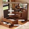 3 In 1 Vanity Desk With Flip Top Mirror, Compact Makeup Table With Glass Top And 3 Drawers For Bedroom - Walnut - Image 2