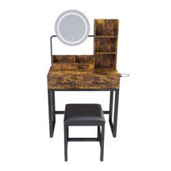 Makeup Vanity Table With LED Lights, 3 Color Options, Power Outlet - Brown