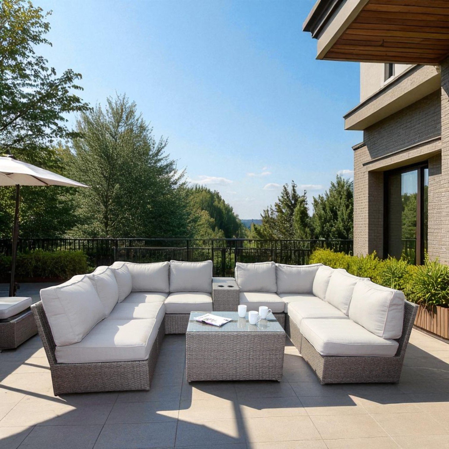 6 Seat Patio Wicker Sectional With Cushions - Gray Mix - Image 8