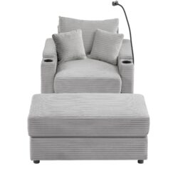 Single Sofa With Storage, Movable Ottoman, USB Ports, Cup Holders, Phone Holder - Gray
