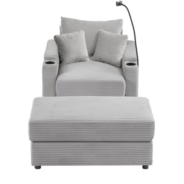 Single Sofa With Storage, Movable Ottoman, USB Ports, Cup Holders, Phone Holder - Gray