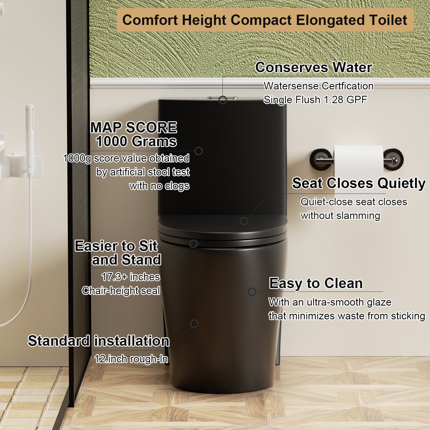 1 Piece Toilet With Tornado Flush, Dual Flush, And ADA Height Comfort Chair - Matte Black - Image 8