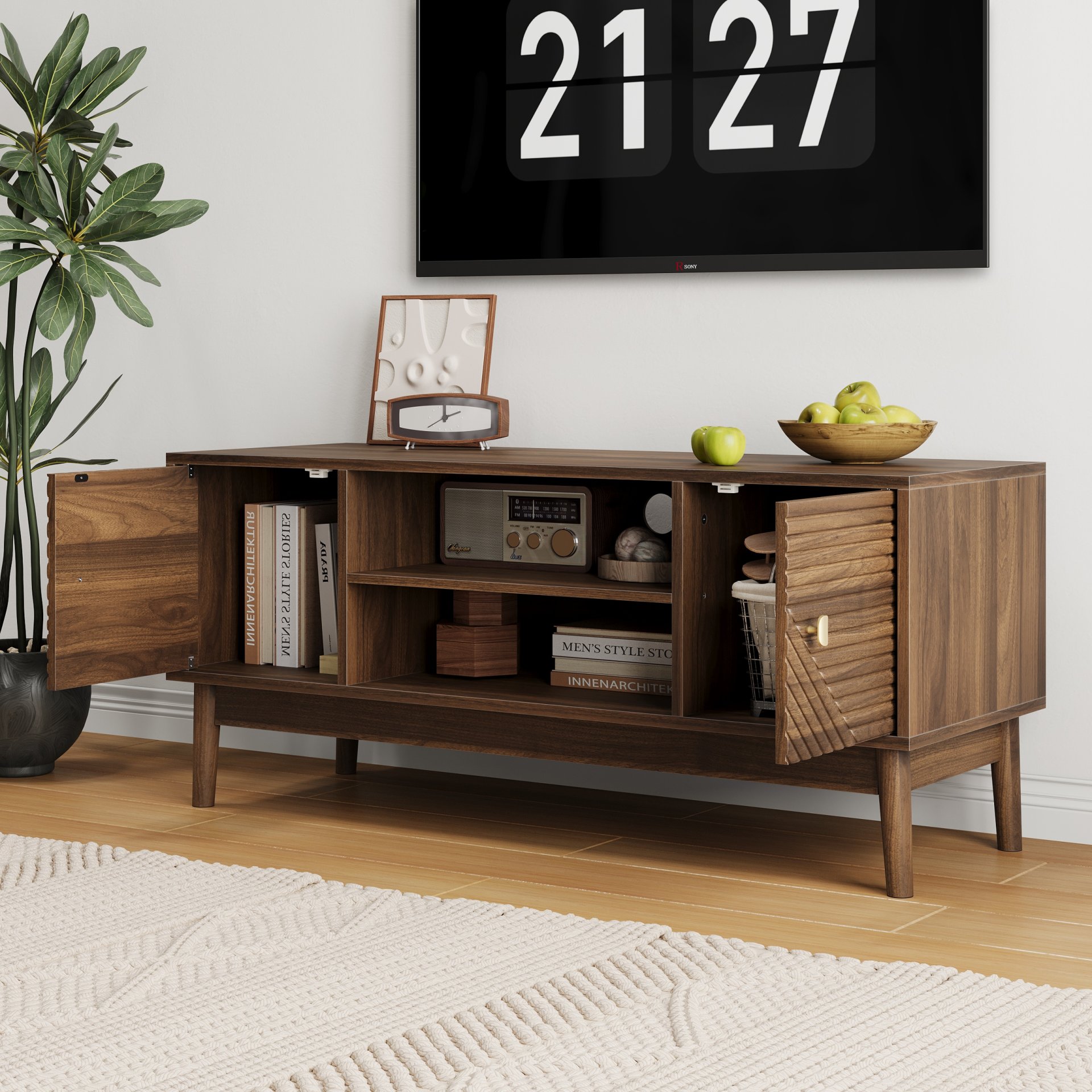 Mid Century Modern TV Stand Entertainment Center With Storage - Walnut - Image 5