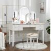 Mirrored Vanity With LED Light, Makeup Vanity Table Set With Adjustable Lighting And Storage - Antique White - Image 3
