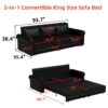 Pull Out Sofa Bed, 3 In 1 Convertible Sleeper Sofa With Nailhead Trim & Rolled Arm, Multi Functional Sofa Bed For Living Room, Bedroom, Apartment, Office - Black - Image 3