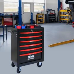 Rolling Metal Tool Chest With 6 Drawers, 20" Steel Storage Cabinet With Ball Bearing Slides - Black / Red