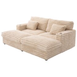 Upholstered Oversized Double Chaise Lounge Sofa With USB Ports And Cup Holders - Champagne