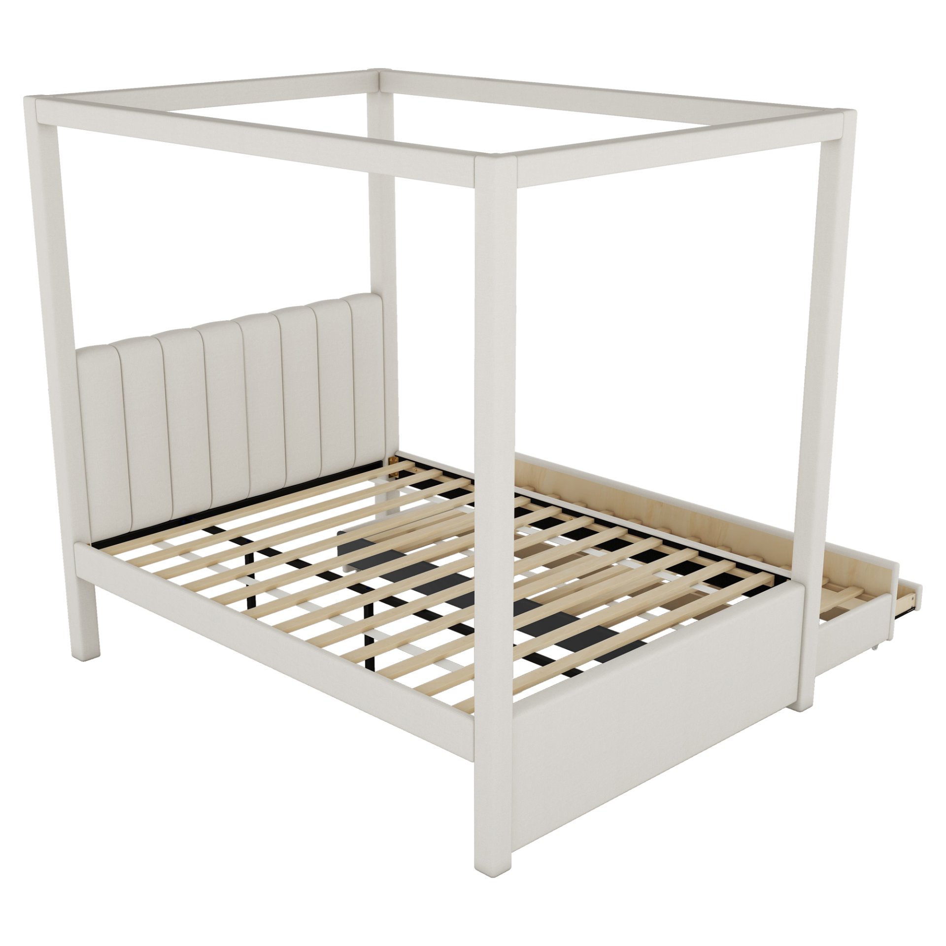 Full Size Upholstery Canopy Platform Bed With Trundle And Three Storage Drawers - Beige - Image 8