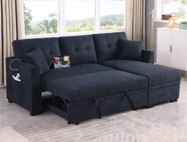 Sectional Sofa Bed L Shaped Sofa Couch Bed With USB Port, Reversible Sofa Sleeper With Pull Out Bed, Chaise With Storage, Pull Out Couch For Living Room - Black