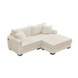2 Seater L Shaped Chaise Sofa With Reversible Cushion Corduroy Fabric, USB - C Charging Port, Storage Pocket, Convertible Left / Right Design For Living Room - Beige