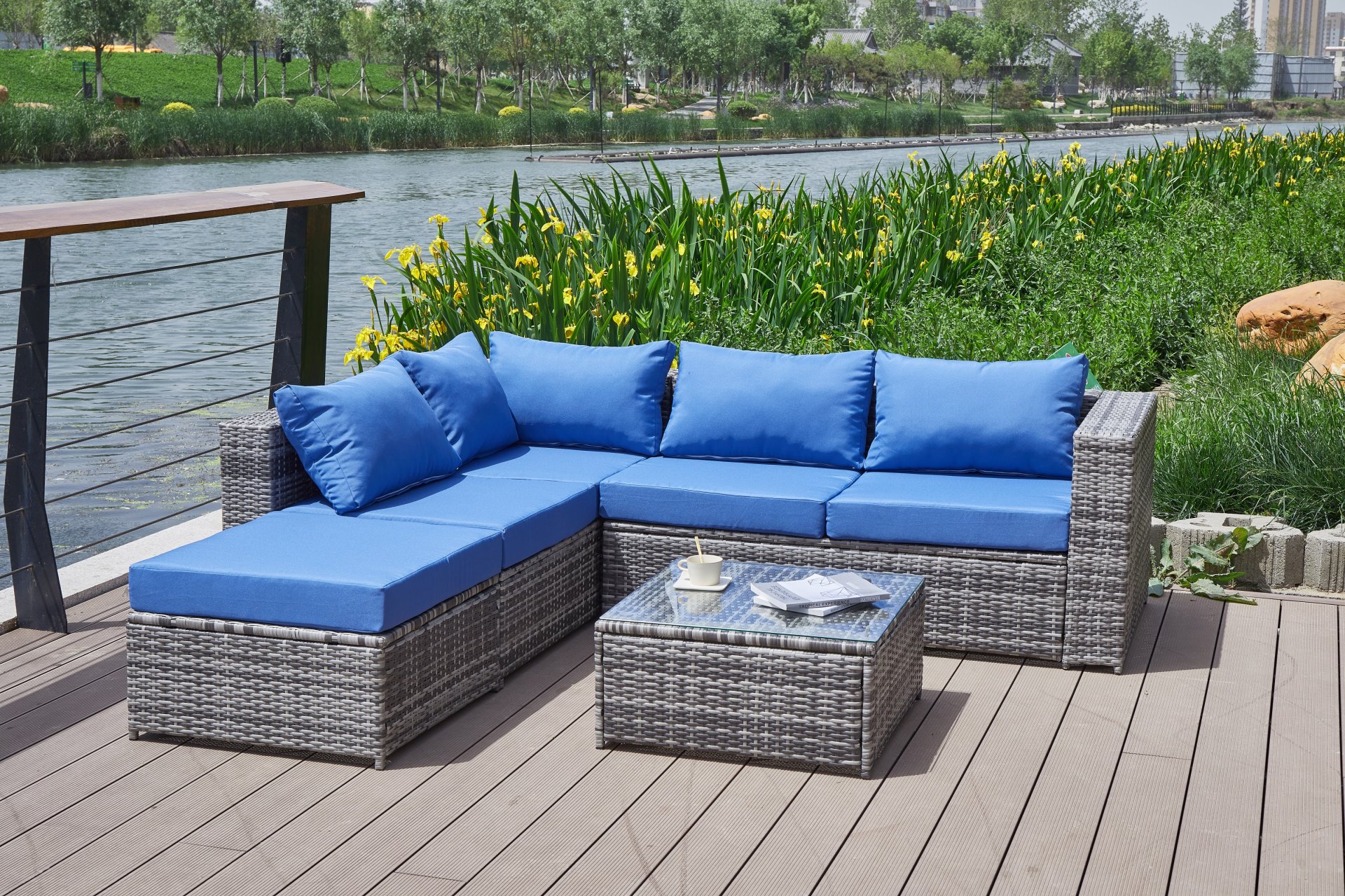 Luxurious Comfort Patio Sofa With Cushions - Blue / Gray - Image 14