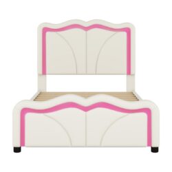 Twin Size Upholstered Platform Bed With Curved Adjustable Headboard And LED Lights - White