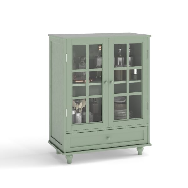 Buffet Cabinet With Double Glass Doors And Drawer, Storage Sideboard Cupboard - Green