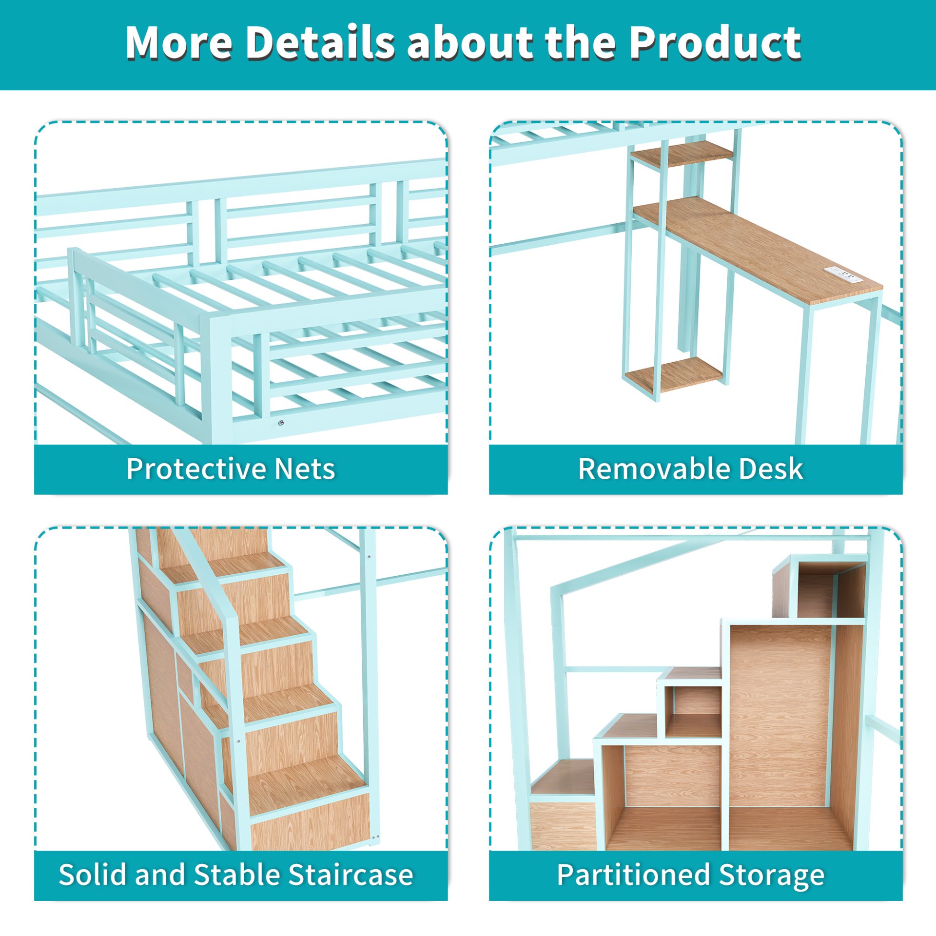Heavy Metal Frame Full Loft Bed With Desk & Storage, 4 Cabinets, Staircase, Rack Space Saver - Green - Image 11