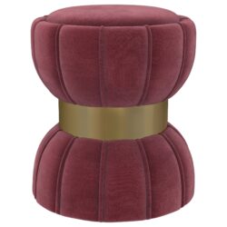 Round Upholstered Ottoman Pouf With Soft Upholstery And Metal Band - Gold / Reddish Brown