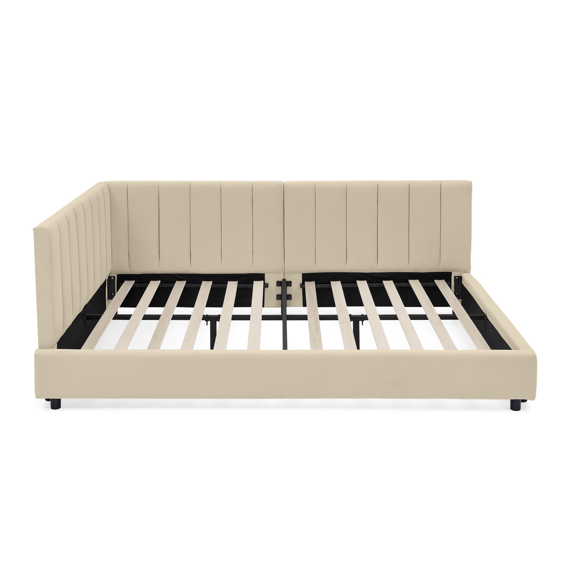 Mid Century Velvet Upholstered Full Size Tufted Bed Frame With Backrest And Armrests - Beige - Image 10