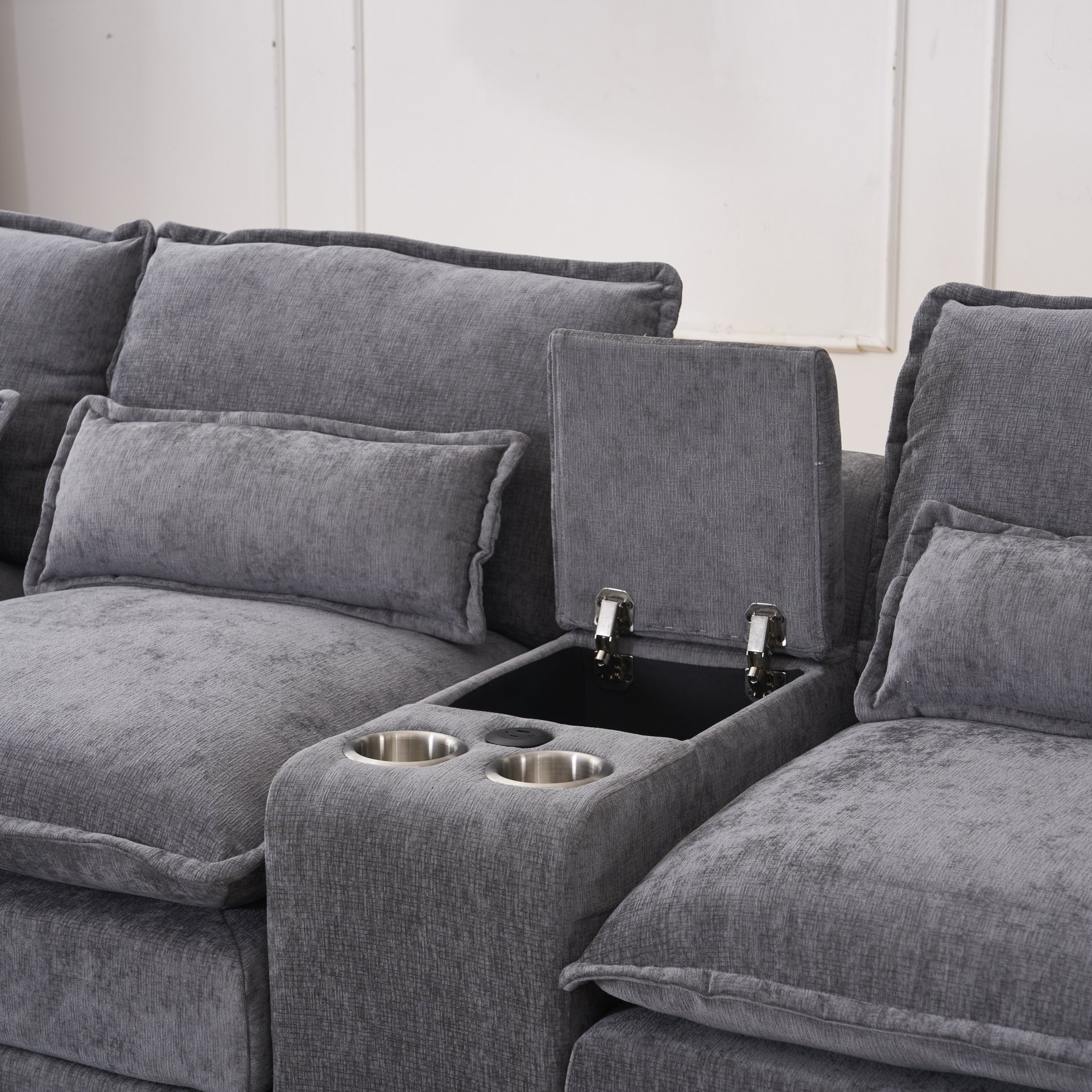 U Shaped Sofa With Console, Cupholders, USB Ports, 6 Seat Upholstered Symmetrical Sleeper Couch - Gray - Image 20