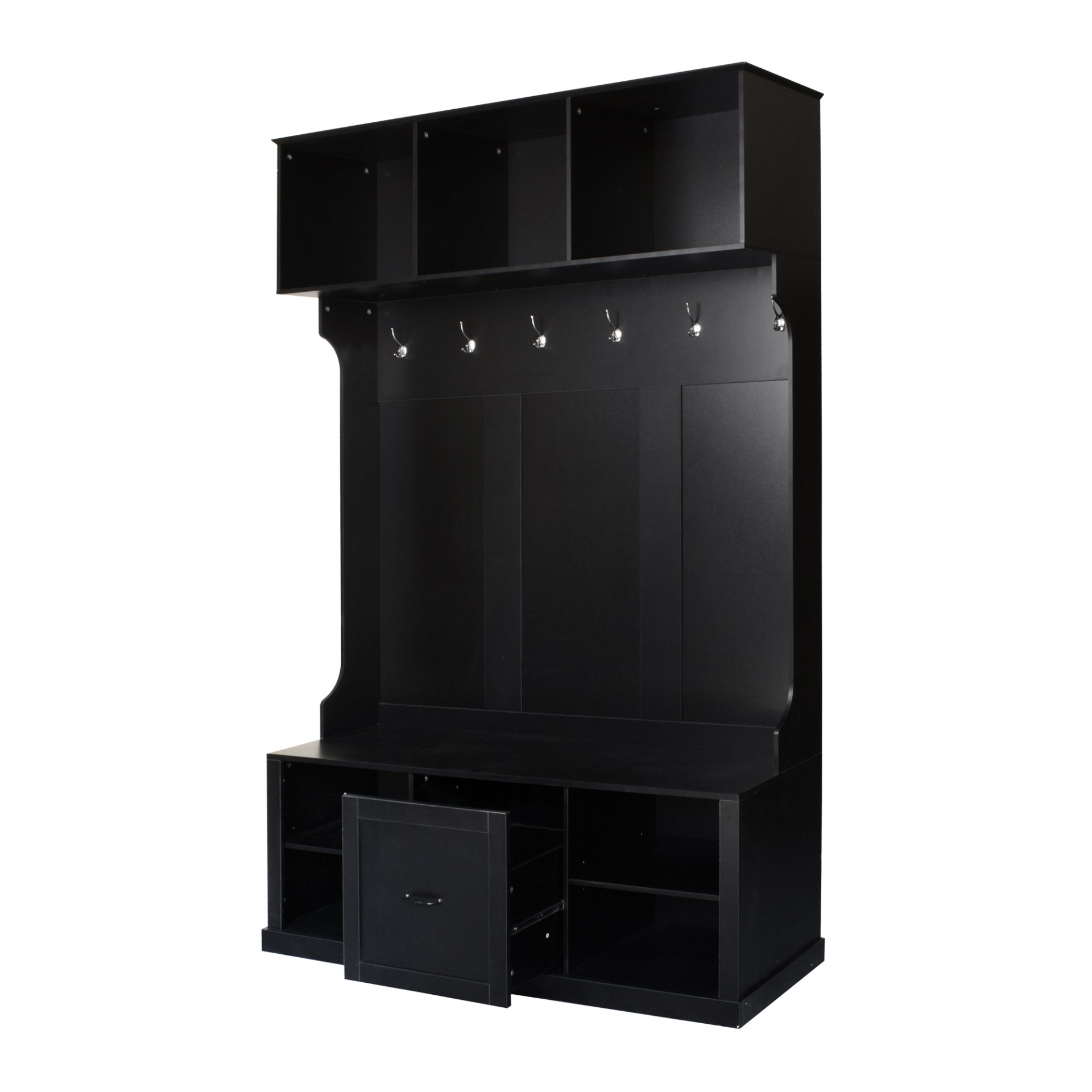 Hall Tree With 6 Hooks, Coat Hanger, Entryway Bench, 3 In 1 Design, A Spacious Drawer For Entrance, Living Room - Black - Image 9
