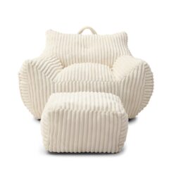 Giant Plush Bean Bag Chair For Adults With Armrests And Footstool - Beige