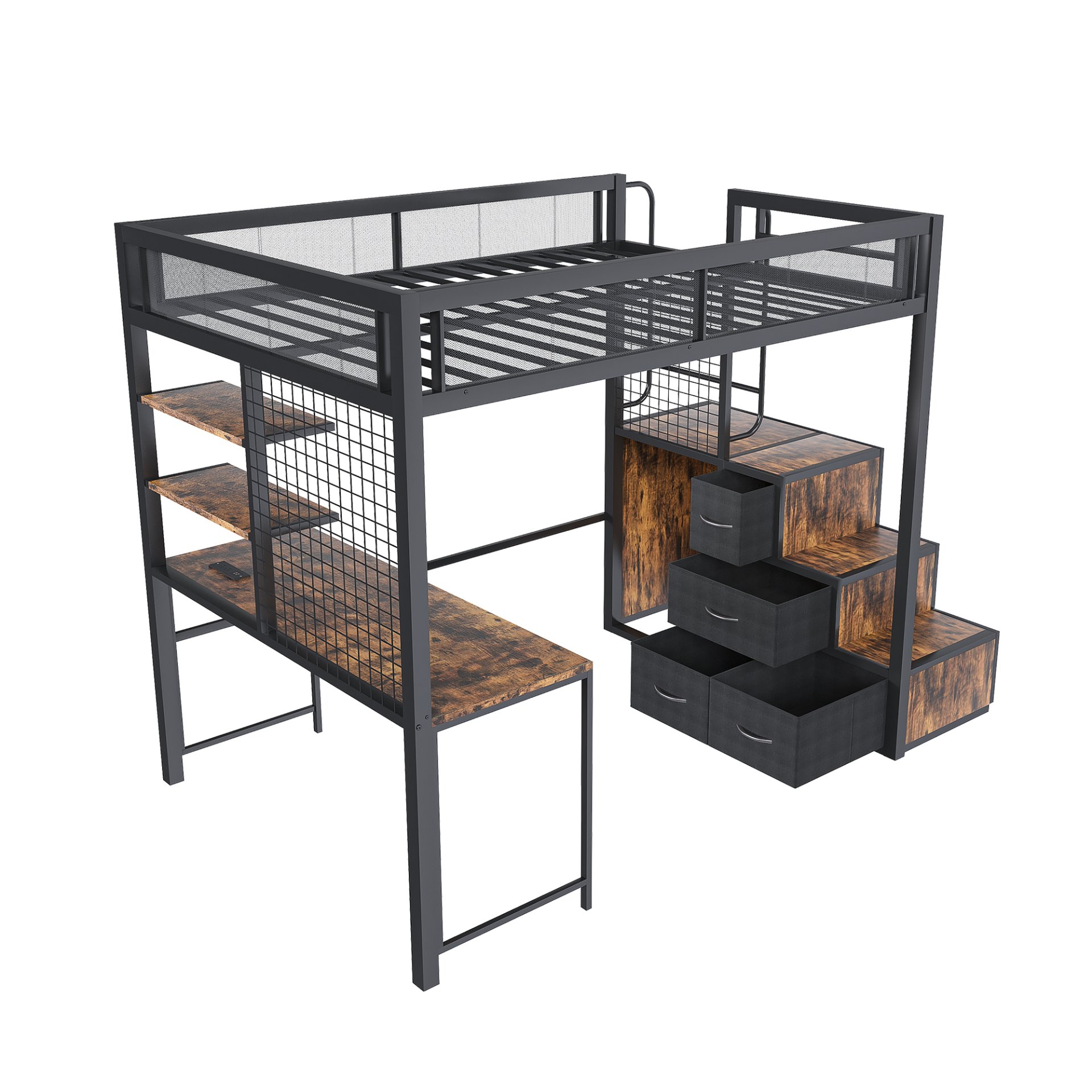 Heavy Duty Full Loft Bed With Desk & USB Charging Metal Frame With Storage Drawers And Staircase - Black - Image 16