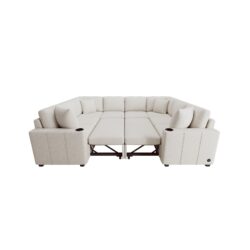 Convertible U Shaped Sectional Sofa With Pull Out Bed And USB Ports Chenille - Beige