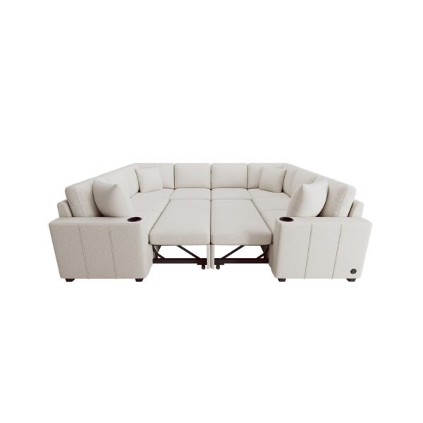 Convertible U Shaped Sectional Sofa With Pull Out Bed And USB Ports Chenille - Beige