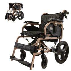Lightweight Foldable Transport Wheelchair Square Tube Design With Double Brakes Adjustable Armrest & Breathable Seat Cushion Ideal For Disabled & Post Surgery Recovery - Black / Gold