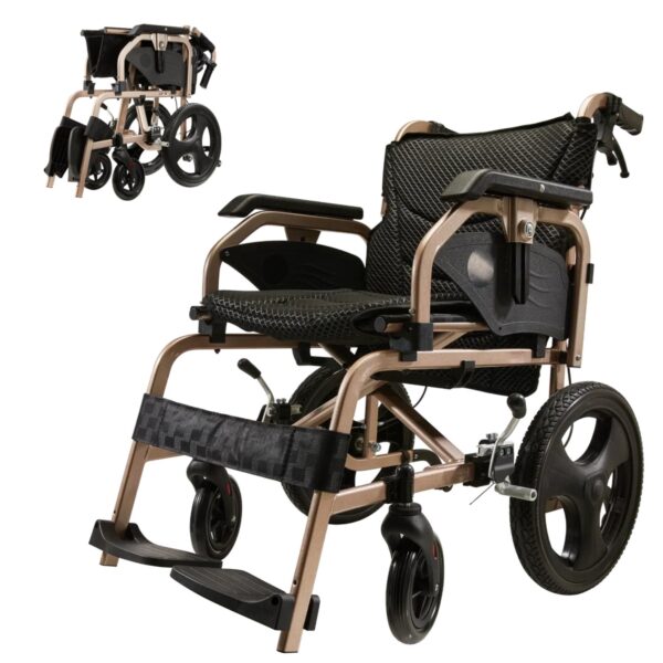 Lightweight Foldable Transport Wheelchair Square Tube Design With Double Brakes Adjustable Armrest & Breathable Seat Cushion Ideal For Disabled & Post Surgery Recovery - Black / Gold