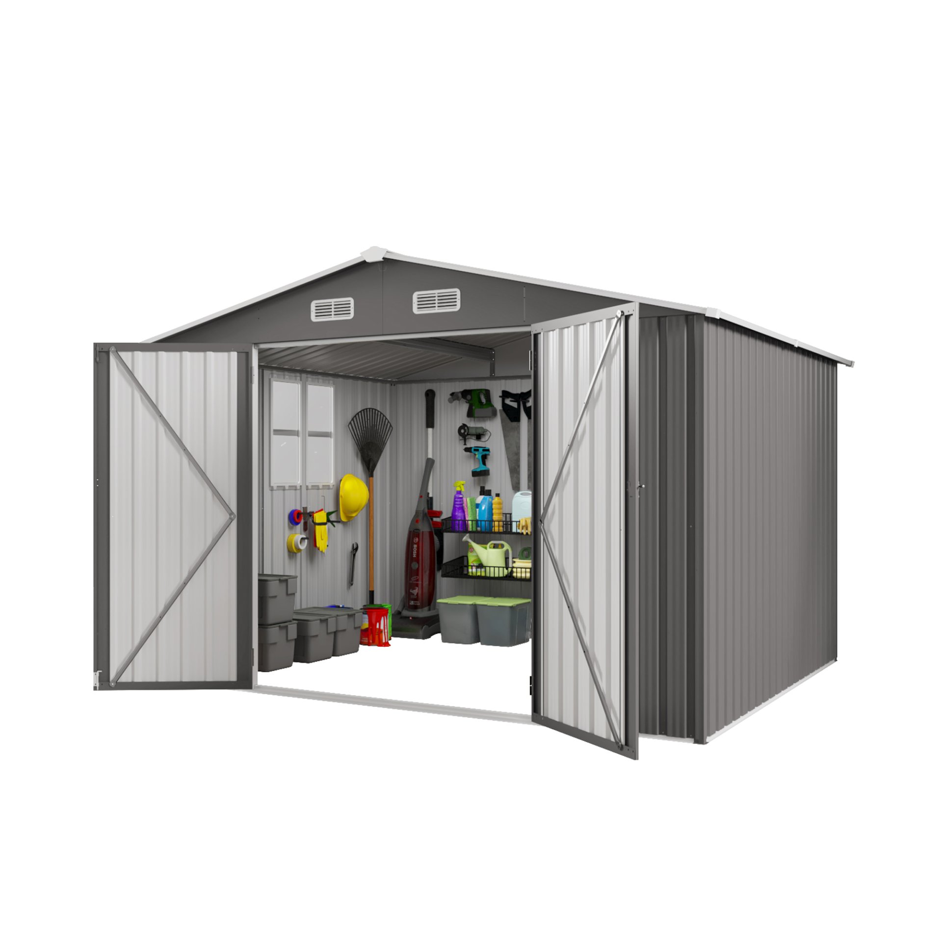 Large Metal Outdoor Storage Shed With Lockable Door, Air Vent, And Clear Window For Garden Tools And Bicycles - Gray - Image 13