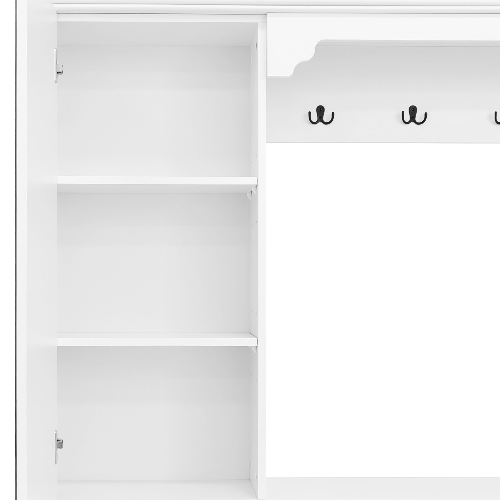 Hall Tree With Integrated Shoe Cabinet And Mirrored Cabinet Door, Coat Hanger, Entryway Bench, 4 In 1 Design, 2 Flip Drawers, 4 Hooks And 2 Cabinets For Entrance, Living Room - White - Image 14