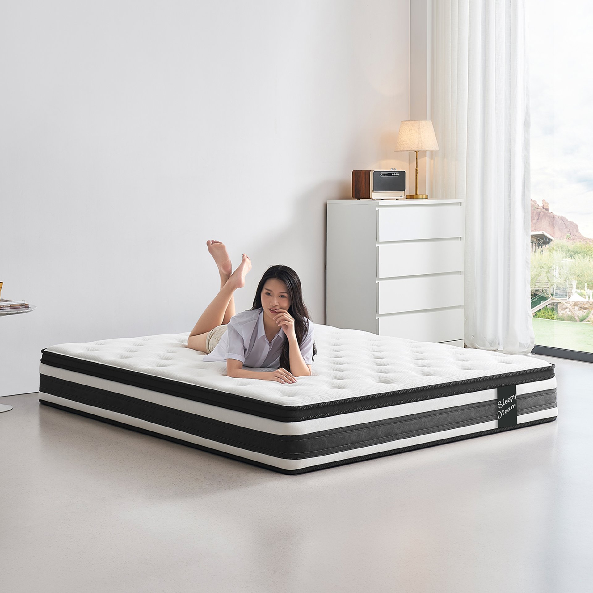 12" King Size Hybrid Mattress 7 Zoned Individual Pocket Spring Breathable Memory Foam Mattress - White / Black - Image 3